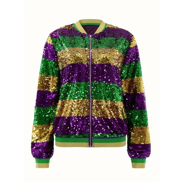 Mardi Gras Sequins Striped Purple, Green and Gold Bomber Jacket - Picture 3 of 7